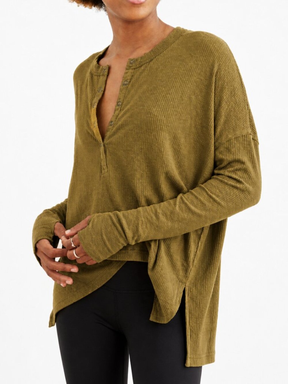 AERIE OFFLINE Oversized Ribbed Henley Top Long Sleeve Khaki Olive Women's Medium